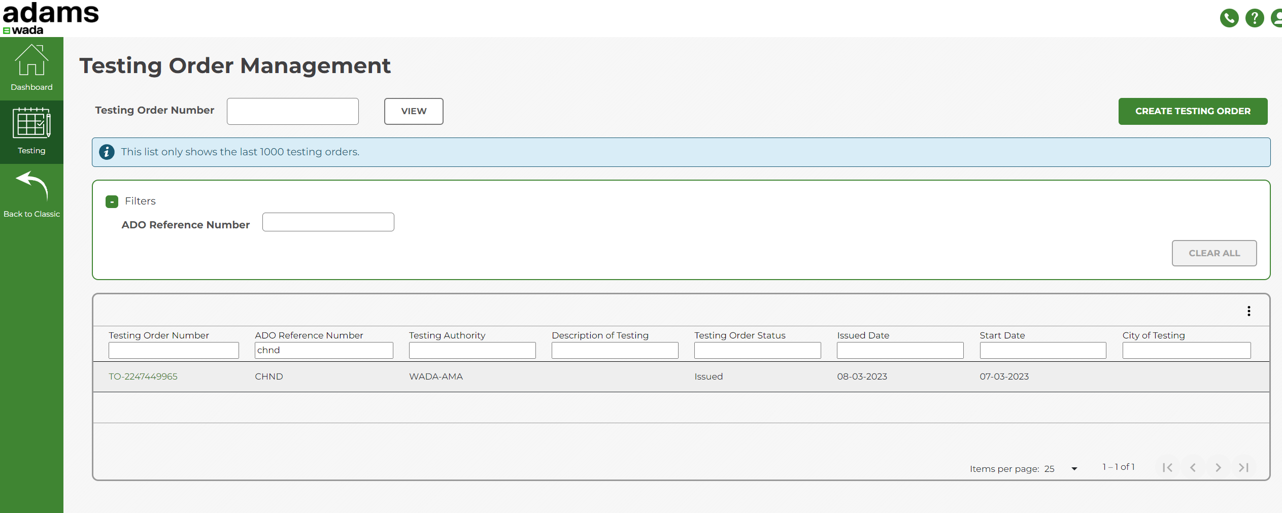 Opening a Testing Order in Next Gen ADAMS Help Center